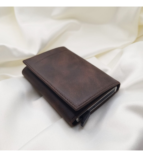 ALC Collection Hakiki Deri Otomatik Mekanizmalı Kartlık Cüzdan (Kahverengi) (Crazy)