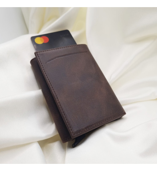 ALC Collection Hakiki Deri Otomatik Mekanizmalı Kartlık Cüzdan (Kahverengi) (Crazy)