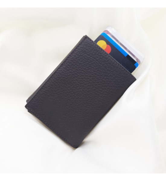 ALC Collection Hakiki Deri Otomatik Mekanizmalı Kartlık Cüzdan (Koyu Kahverengi) (Floter)