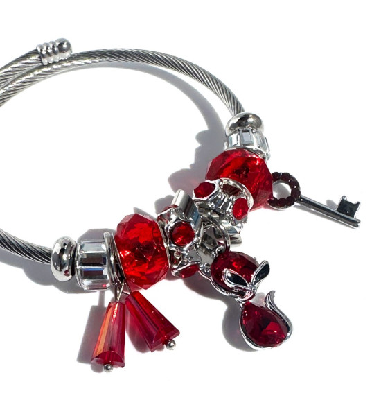 ALC Collection Kırmızı Elmas ve Anahtar Charm Gümüş Kaplama Çelik Bileklik