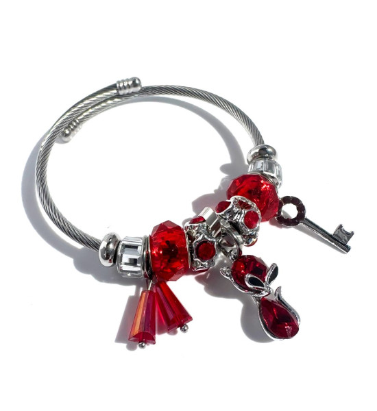 ALC Collection Kırmızı Elmas ve Anahtar Charm Gümüş Kaplama Çelik Bileklik