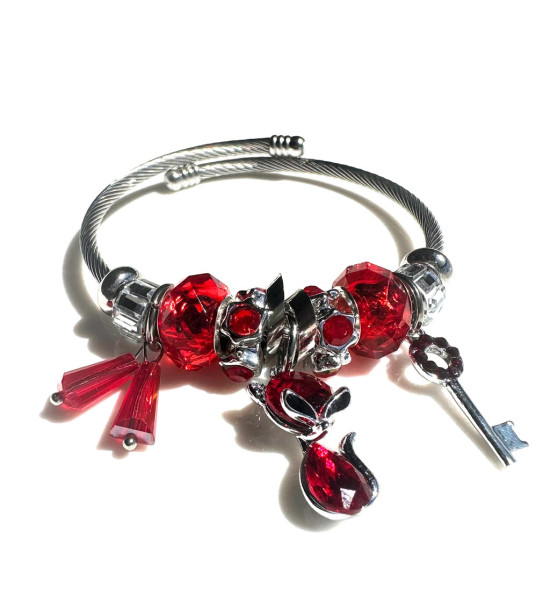 ALC Collection Kırmızı Elmas ve Anahtar Charm Gümüş Kaplama Çelik Bileklik