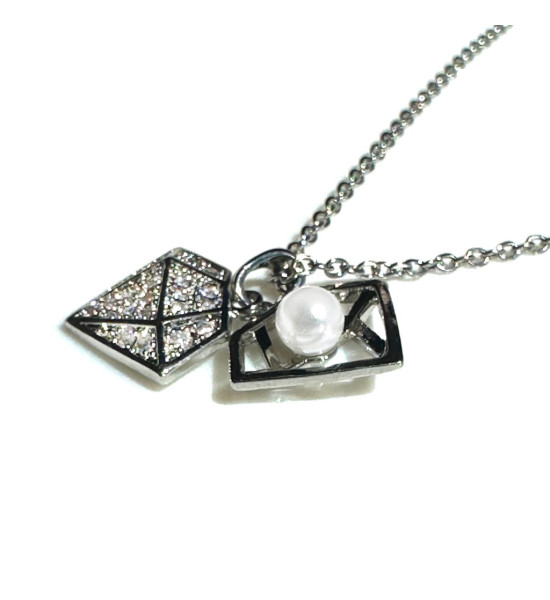 ALC Collection Kapaklı Elmas Tasarım Zirkon Detaylı Gümüş Kaplama Çelik Kolye