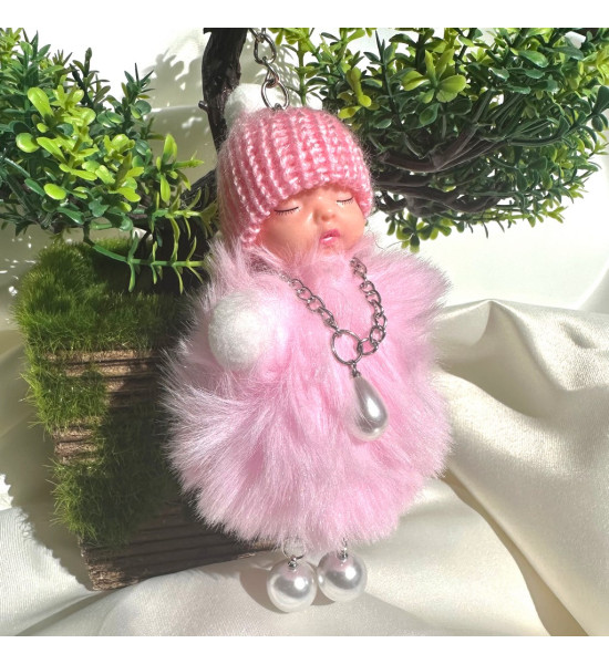 ALC Collection Peluş Uyuyan Bebek Ponpon İnci Detaylı Anahtarlık (Açık Pembe)