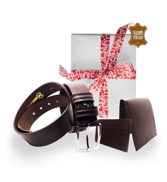 Hediyelik Hakiki Deri Erkek Aksesuar Seti (Kemer, Cüzdan, Kartlık)