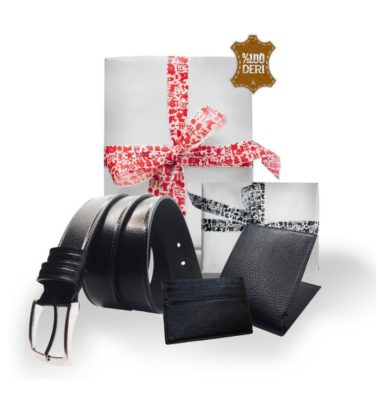 ALC Collection Hakiki Deri Siyah Hediyelik Erkek Aksesuar Seti (Kartlık, Kemer, Cüzdan)
