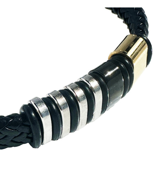 ALC Collection Örgülü Deri Tasarım Gümüş ve Altın Kaplama Erkek Bileklik