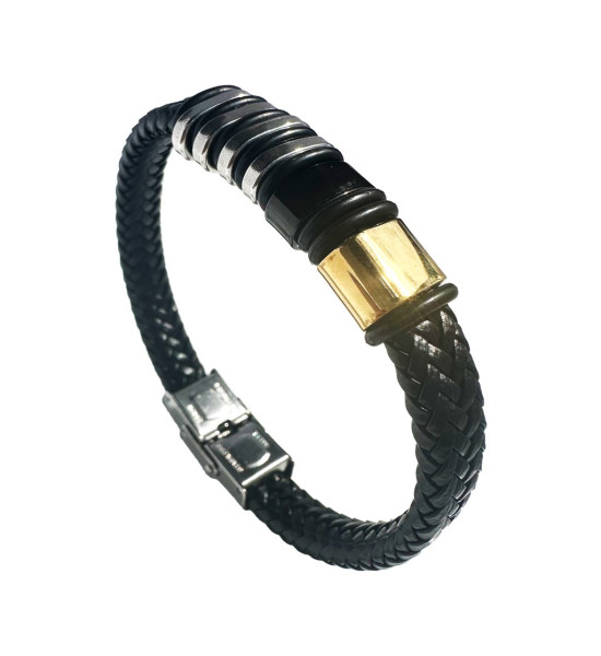 ALC Collection Örgülü Deri Tasarım Gümüş ve Altın Kaplama Erkek Bileklik