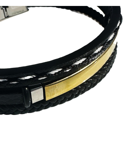 ALC Collection Üçlü Geniş Altın Kaplama Detaylı Orijinal Çelik Deri Bileklik