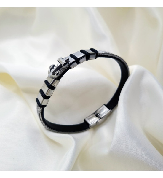 ALC Collection Orijinal Çelik Gümüş Tasarım Deri Detaylı Erkek Bileklik