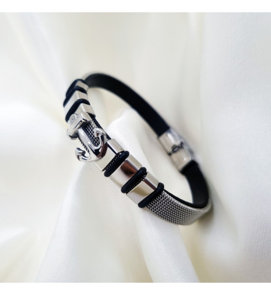 ALC Collection Orijinal Çelik Gümüş Tasarım Deri Detaylı Erkek Bileklik