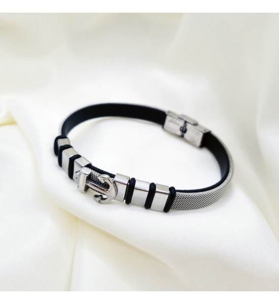 ALC Collection Orijinal Çelik Gümüş Tasarım Deri Detaylı Erkek Bileklik