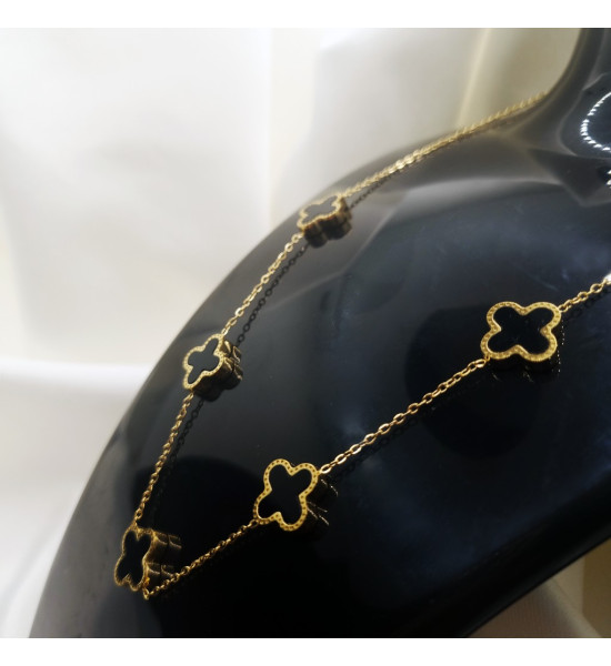 ALC Collection Gold Detaylı Siyah Yonca Orijinal Çelik Kadın Kolye