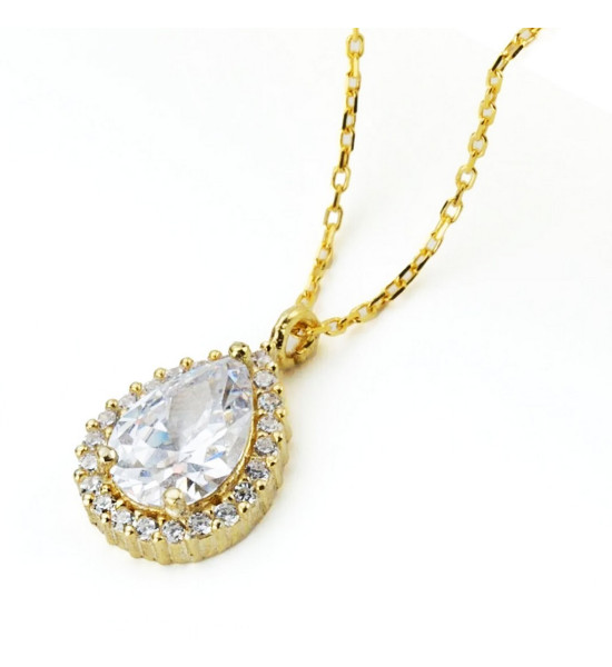 ALC Collection Damla Tasarım, Zirkon, Çelik Kolye ve Küpe Takı Seti (Altın)