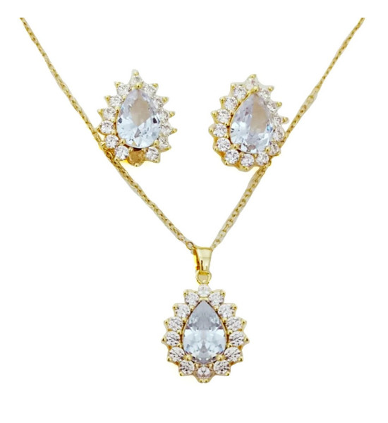 ALC Collection Damla Tasarım, Zirkon, Çelik Kolye ve Küpe Takı Seti (Altın)