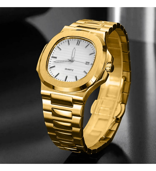 ALC Collection Lüks Patek Tasarım Gümüş Kaplama Erkek Kol Saati (Altın Beyaz)