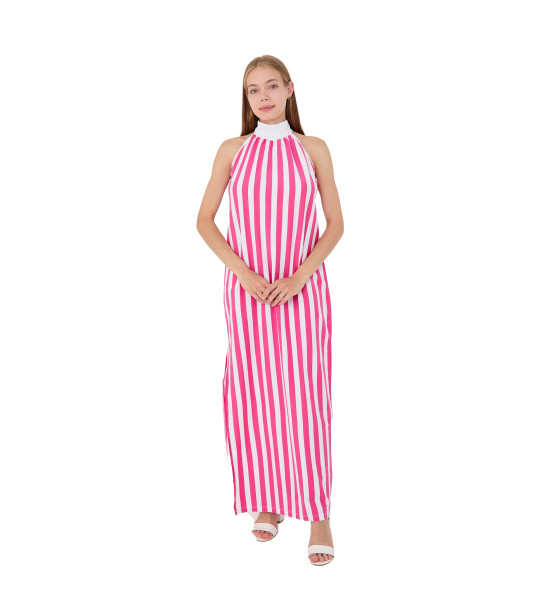 ALC Collection Pembe-Beyaz Çizgili Yüksek Yakalı Maxi (Uzun) Elbise