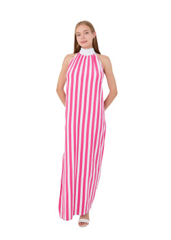 Pembe-Beyaz Çizgili Yüksek Yakalı Maxi (Uzun) Elbise Pembe-Beyaz Çizgili Yüksek Yakalı Maxi (Uzun) Elbise