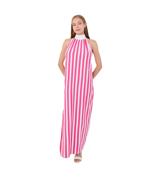 ALC Collection Pembe-Beyaz Çizgili Yüksek Yakalı Maxi (Uzun) Elbise