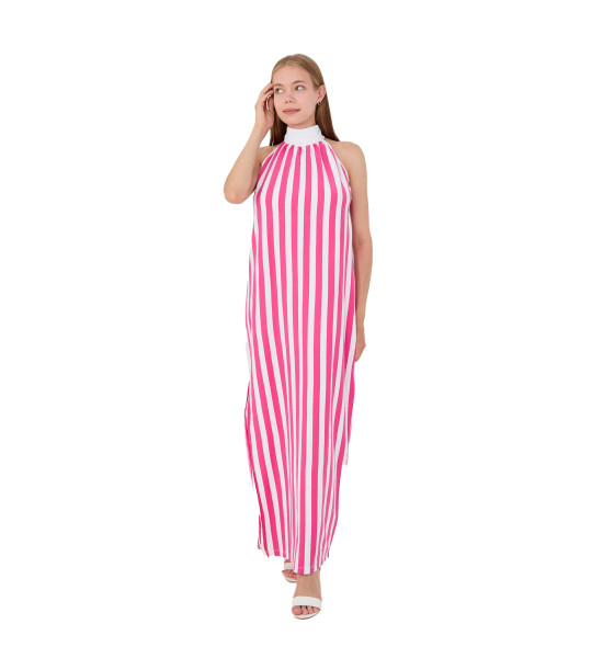 ALC Collection Pembe-Beyaz Çizgili Yüksek Yakalı Maxi (Uzun) Elbise