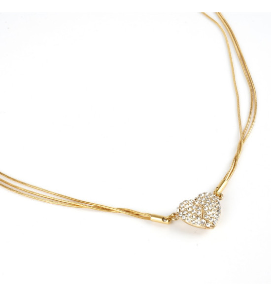 ALC Collection Kristal Taşlı İkili Kalp Uçlu Mıknatıslı Çelik Kolye (Altın)