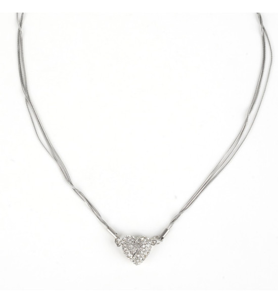 ALC Collection Kristal Taşlı İkili Kalp Uçlu Mıknatıslı Çelik Kolye (Gümüş)