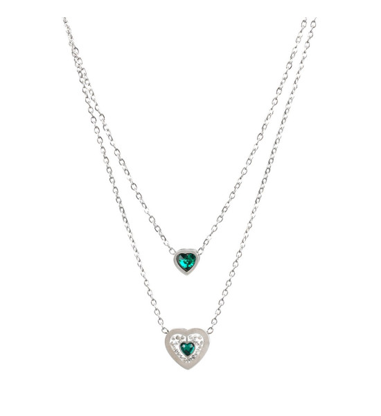 ALC Collection Çift Katmanlı Yeşil Taşlı Kalp Desenli Zirkon Çelik Kolye (Gümüş)