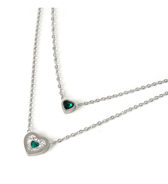 ALC Collection Çift Katmanlı Yeşil Taşlı Kalp Desenli Zirkon Çelik Kolye (Gümüş)