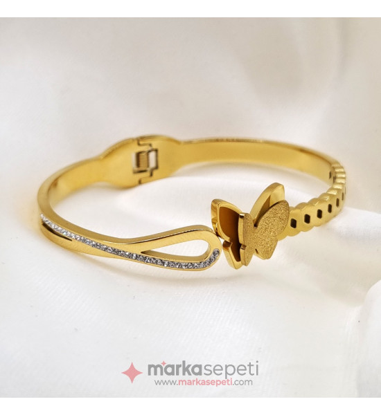 ALC Collection Kelebek Detaylı Zirkon Kaplama Gold Orijinal Çelik Kelepçe Bileklik