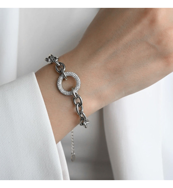 ALC Collection Zincir Tasarım Oval Zirkon Detaylı Çelik Bileklik (Gümüş)