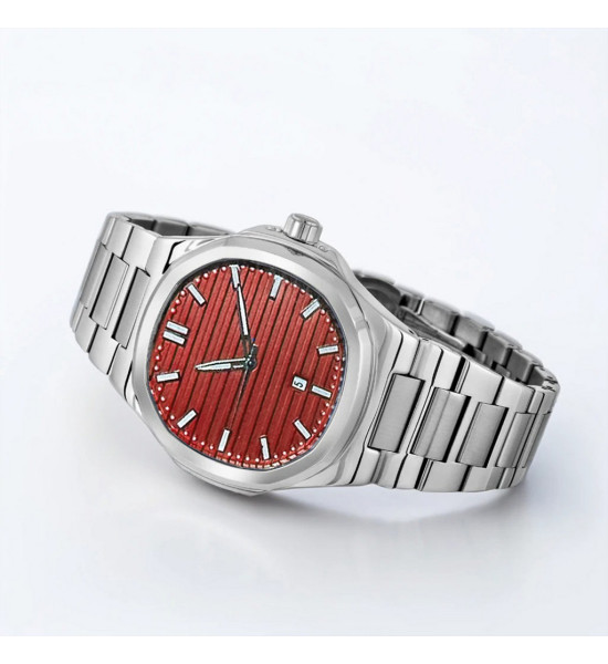 ALC Collection Patek Tasarım Geometrik Model Takvimli Lüks Kol Saati (Bordo)