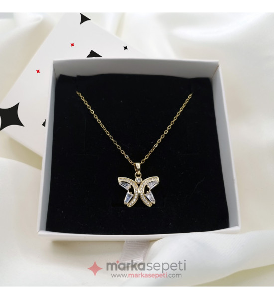 ALC Collection Zirkon Kelebek Tasarım Altın Kaplama Orijinal Çelik Kadın Kolye