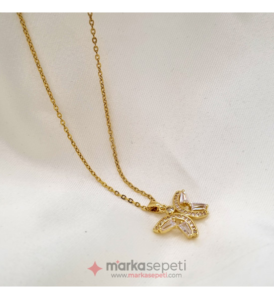 ALC Collection Zirkon Kelebek Tasarım Altın Kaplama Orijinal Çelik Kadın Kolye
