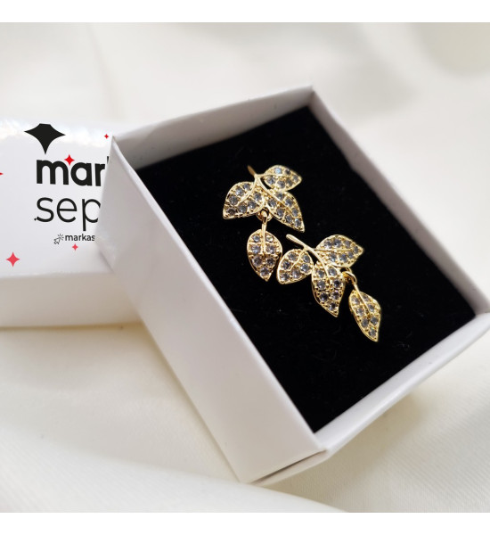 ALC Collection Yaprak Tasarım Altın Kaplama Zirkon Detaylı Sallantılı Kadın Küpe