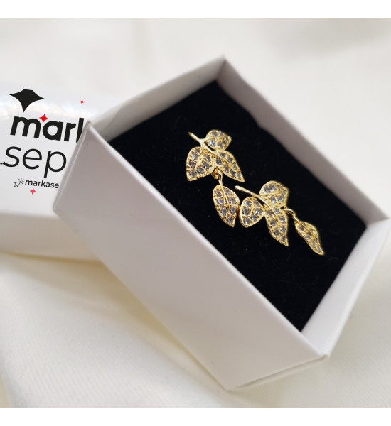 ALC Collection Yaprak Tasarım Altın Kaplama Zirkon Detaylı Sallantılı Kadın Küpe