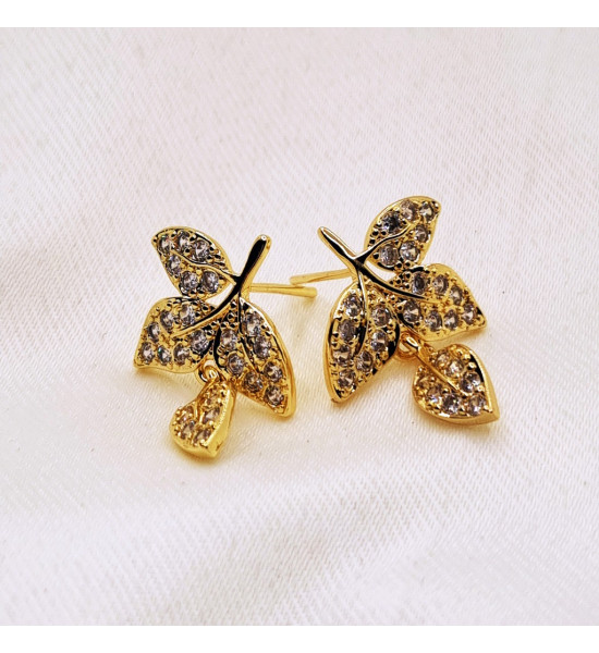 ALC Collection Yaprak Tasarım Altın Kaplama Zirkon Detaylı Sallantılı Kadın Küpe