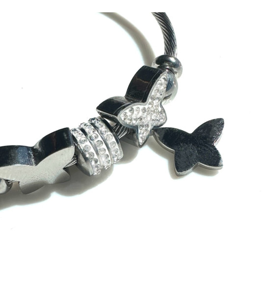 ALC Collection Üç Kelebek Zirkon Tasarım Charm Gümüş Kaplama Çelik Bileklik