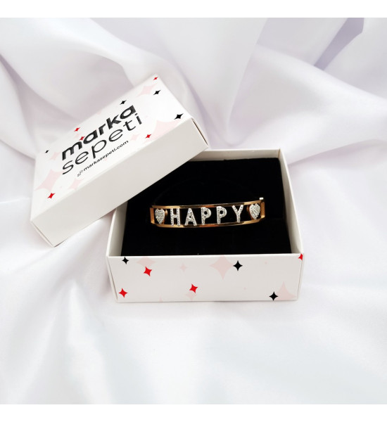 ALC Collection Happy Yazılı Orjinal Çelik Gold Tasarım Kelepçe Bileklik