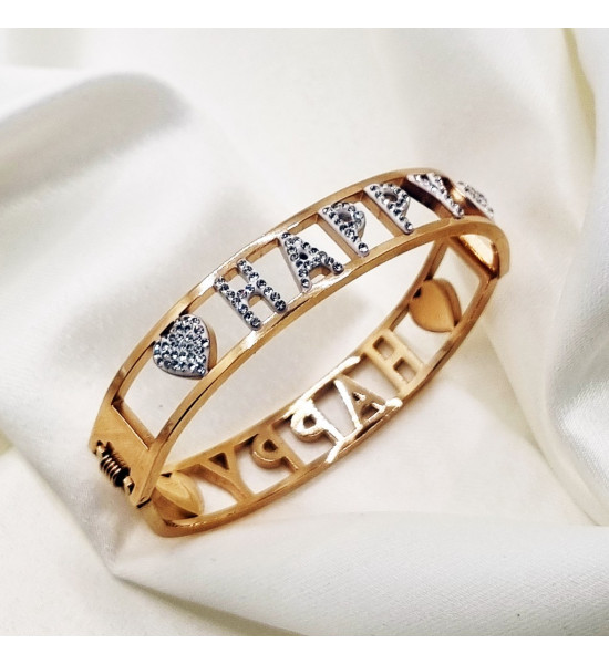 ALC Collection Happy Yazılı Orjinal Çelik Gold Tasarım Kelepçe Bileklik