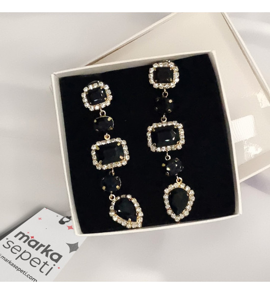 ALC Collection Parlak Tasarım Siyah Elmas Desenli Orjinal Çelik Şık Küpe