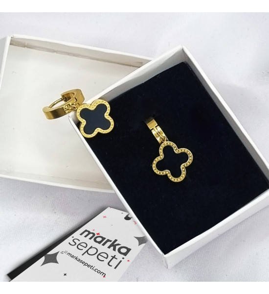 ALC Collection Çiçek Desen Gold Black Tasarım Orijinal Çelik Kadın Küpesi